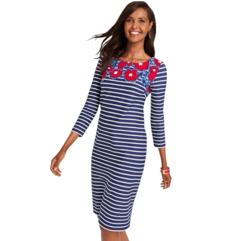 Talbots Navy Stripe Floral Shift Dress | Size X-Small | Nautical Red Blue White
